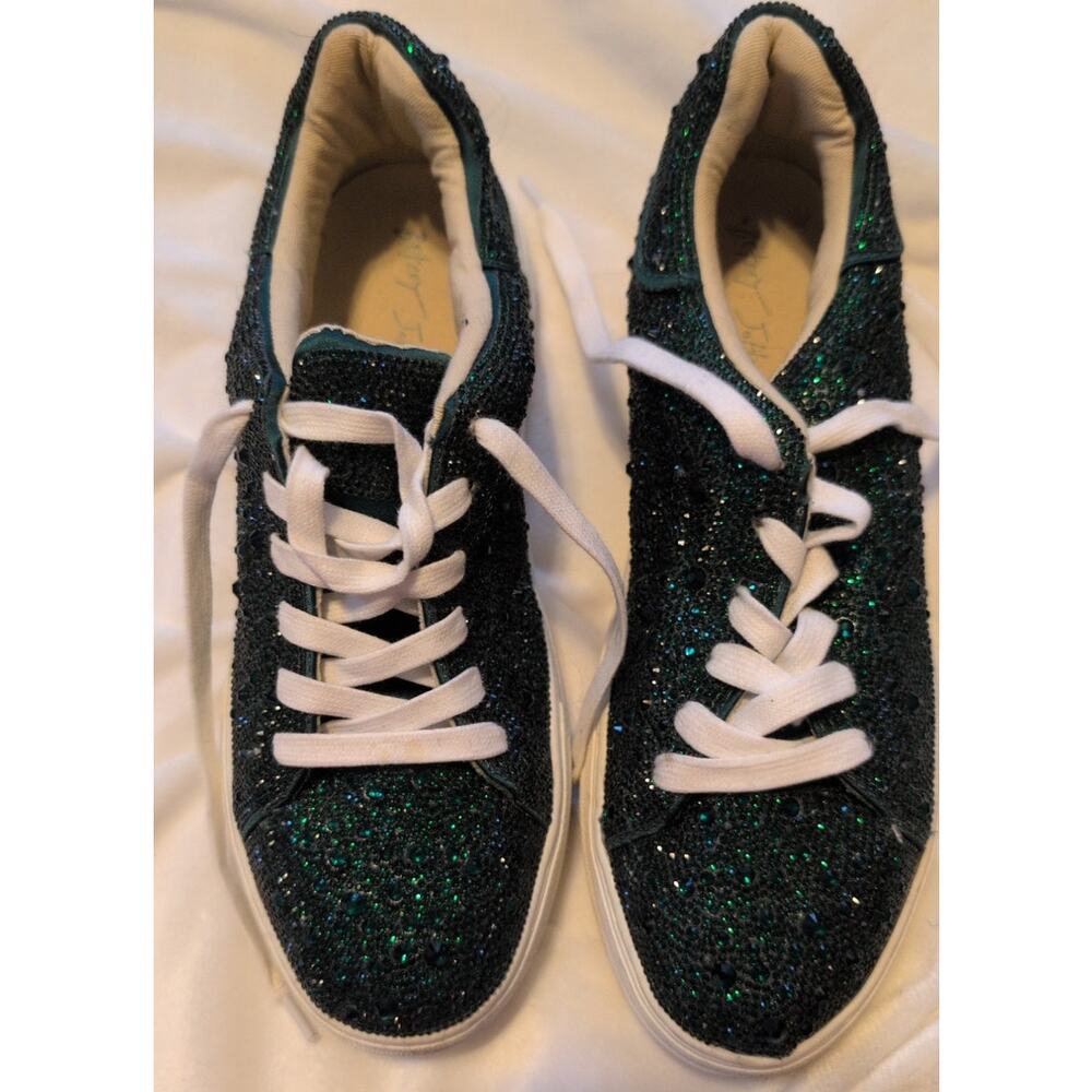 Betsey Johnson Sidny Crystal Pavé Platform Sneakers Frosted Green Size 10 EUC - Picture 2 of 6